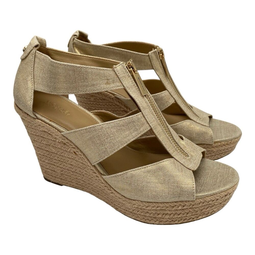 Michael Kors Damita Pale Gold Linen Espadrille Platform Wedge Sandals Women 8.5